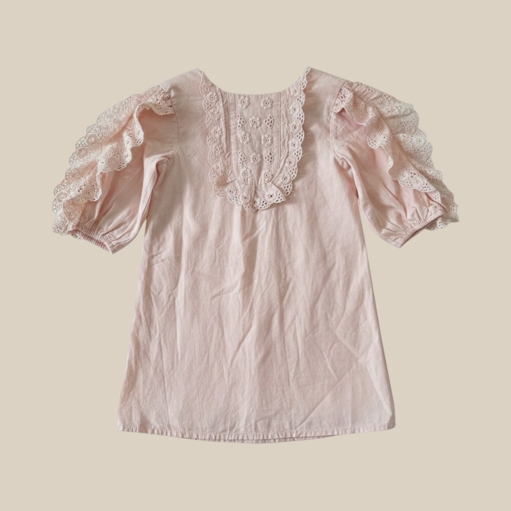 Tartine et Chocolat Kids Pink Eyelet Lace Ruffle Sleeve Cotton Blouse TU30072